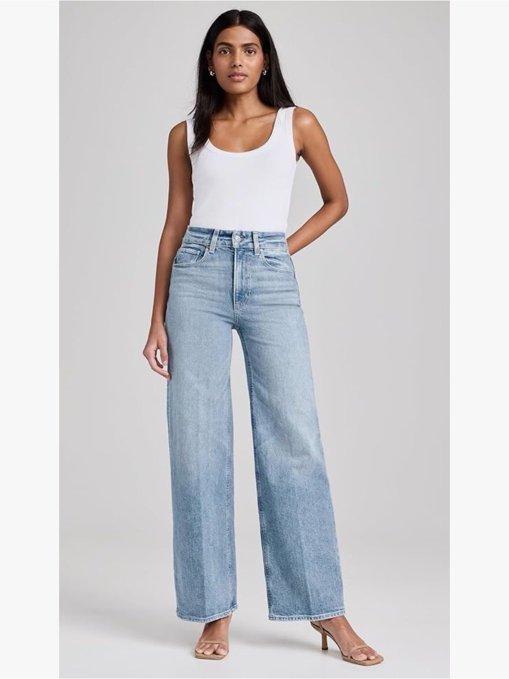 PAIGE Light Wash High-Rise Wide Leg Jeans